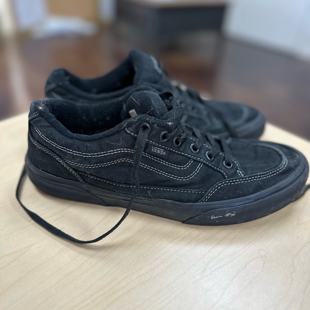 Vans Men's Black Low-Top Canvas Sneakers with White Stitching - Picture 3 of 5
